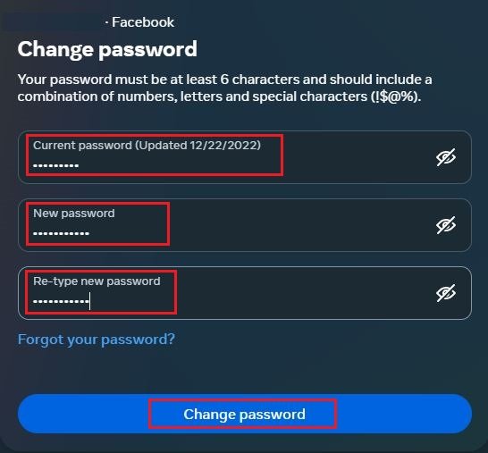 how to change facebook password on computer step7- enter new password and retype new password