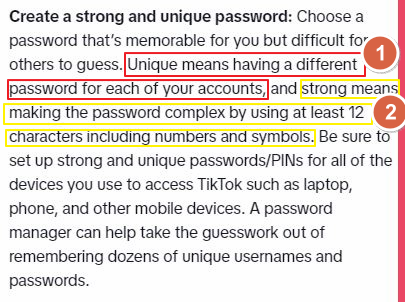 tiktok password guidelines with password requirements.