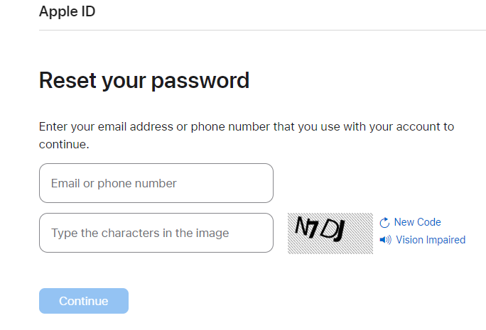 Apple ID - reset your password dialogue box