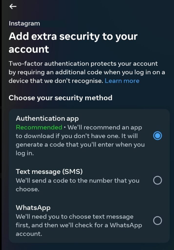 Instagram two-factor authentication