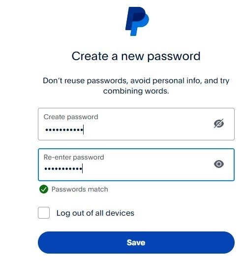 cannot reset paypal password - confirm password