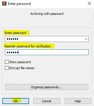 how to add a password to a zip file winrar - enter password